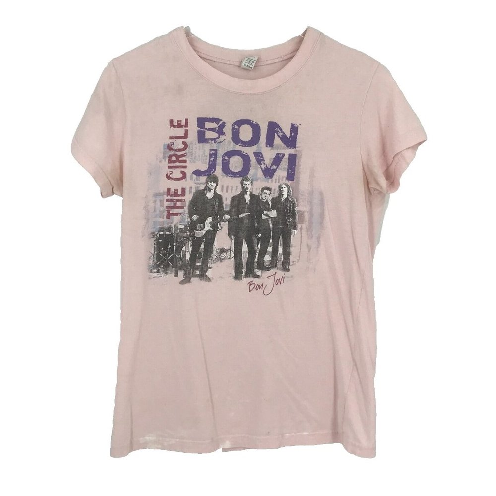 Bon Jovi Womens Shirt Large Pink Short Sleeve Concert Tee 2010 Circle Tour Band